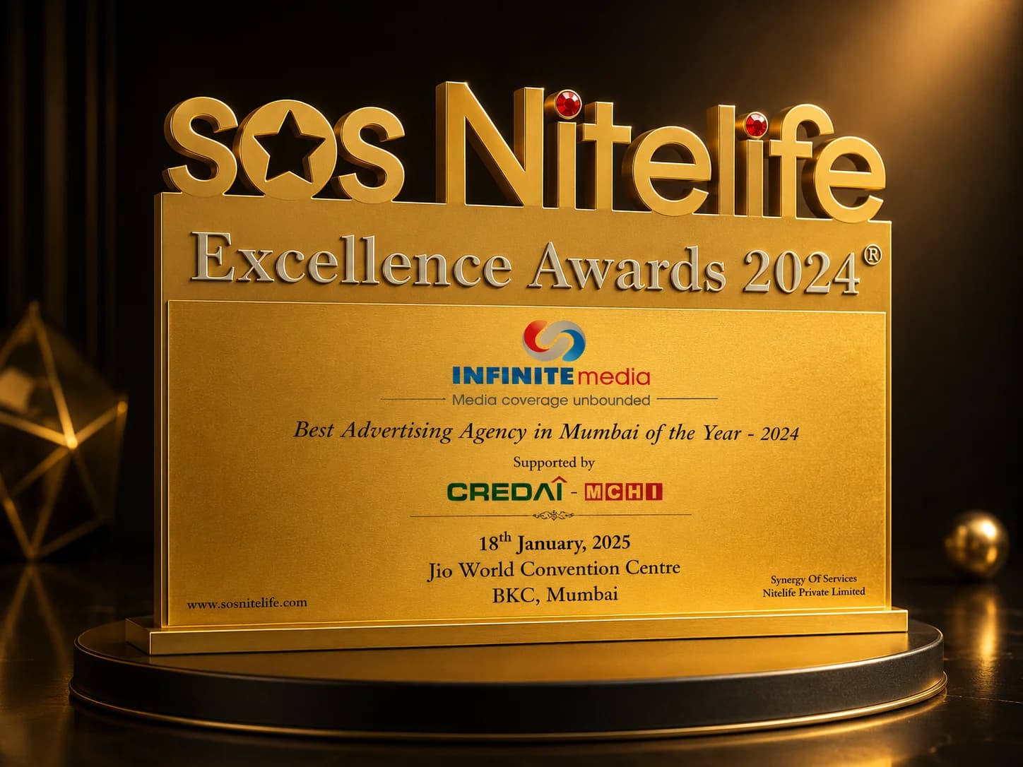 Best Advertising Agency in Mumbai, 2024 — the SOS Nitelife Excellence Award won by Infinite Media