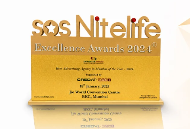 SOS Nitelife Excellence Awards 2024 trophy — Best Advertising Agency in Mumbai of the Year 2024, presented to Infinite Media